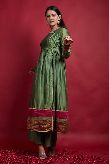 Vinusto Olive Green Chanderi, Cotton Mirrors, Gathered Wrap Anarkali Kurta And Palazzo Set Online at Aza Fashions Vinusto_Olive Green Chanderi, Cotton Mirrors, Gathered Wrap Anarkali Kurta And Palazzo Set _Online_at_Aza_Fashions