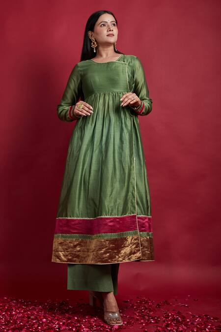 Shop Vinusto Olive Green Chanderi, Cotton Mirrors, Gathered Wrap Anarkali Kurta And Palazzo Set Online at Aza Fashions Shop_Vinusto_Olive Green Chanderi, Cotton Mirrors, Gathered Wrap Anarkali Kurta And Palazzo Set _Online_at_Aza_Fashions