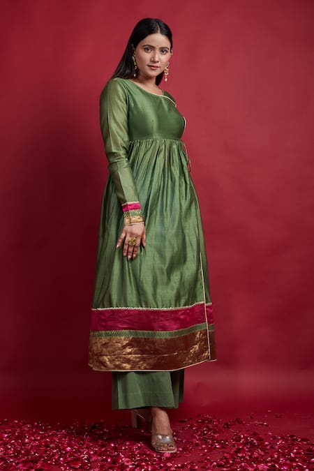 Vinusto Olive Green Chanderi, Cotton Mirrors, Gathered Wrap Anarkali Kurta And Palazzo Set at Aza Fashions Vinusto_Olive Green Chanderi, Cotton Mirrors, Gathered Wrap Anarkali Kurta And Palazzo Set _at_Aza_Fashions