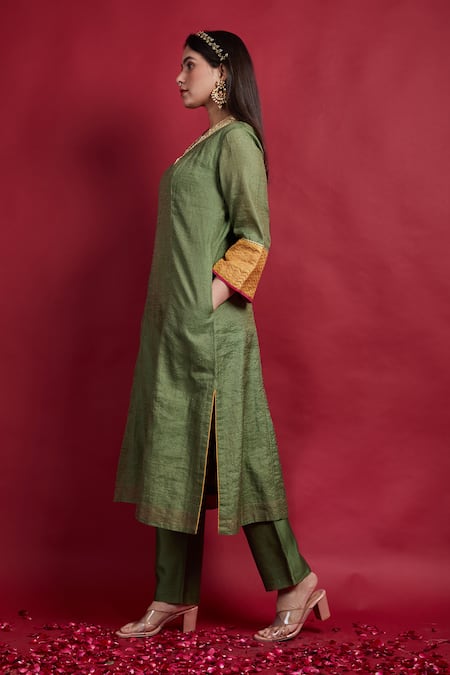 Vinusto Olive Green , Silk Embroidery, Lace A-line Kurta And Pants Set Online at Aza Fashions Vinusto_Olive Green , Silk Embroidery, Lace A-line Kurta And Pants Set _Online_at_Aza_Fashions