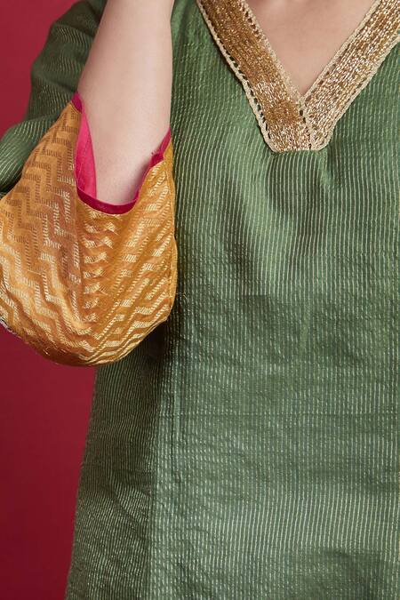 Vinusto Olive Green , Silk Embroidery, Lace A-line Kurta And Pants Set at Aza Fashions Vinusto_Olive Green , Silk Embroidery, Lace A-line Kurta And Pants Set _at_Aza_Fashions