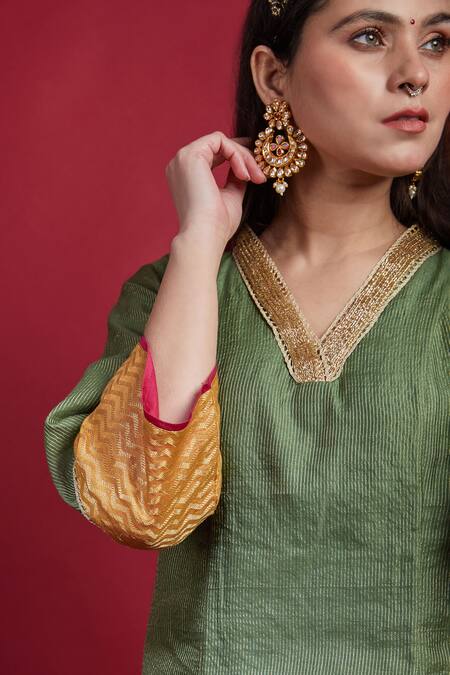 Buy Vinusto Olive Green Chanderi Embroidery V-neck Kurta Set Buy_Vinusto_Olive Green Chanderi Embroidery V-neck Kurta Set
