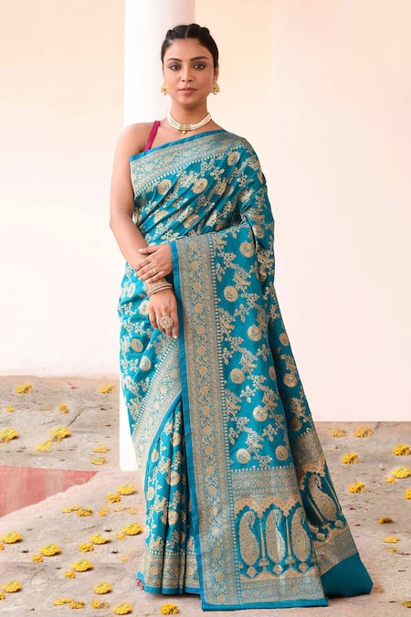 Naaritva India Aqua Blue Handwoven Banarasi Saree With Running Blouse 