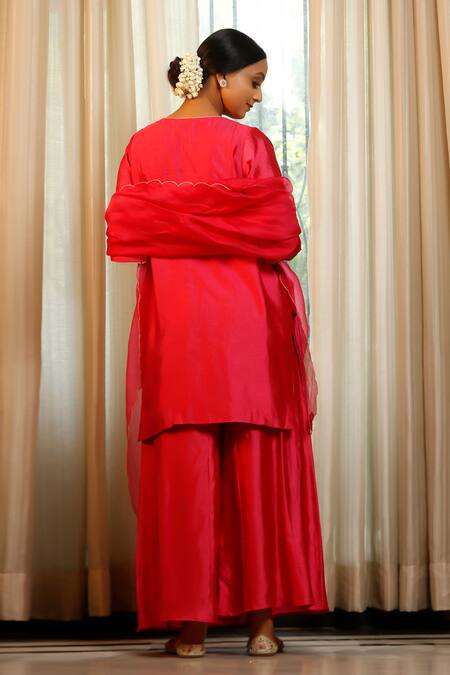 Shop Eeda Pink Silk, Shantoon Embroidery Round Neck Chiniya Kurta Pant Set at Aza Fashions Shop_Eeda_Pink Silk, Shantoon Embroidery Round Neck Chiniya Kurta Pant Set _at_Aza_Fashions