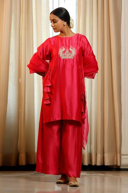 Eeda Pink Silk, Shantoon Embroidery Round Neck Chiniya Kurta Pant Set at Aza Fashions Eeda_Pink Silk, Shantoon Embroidery Round Neck Chiniya Kurta Pant Set _at_Aza_Fashions