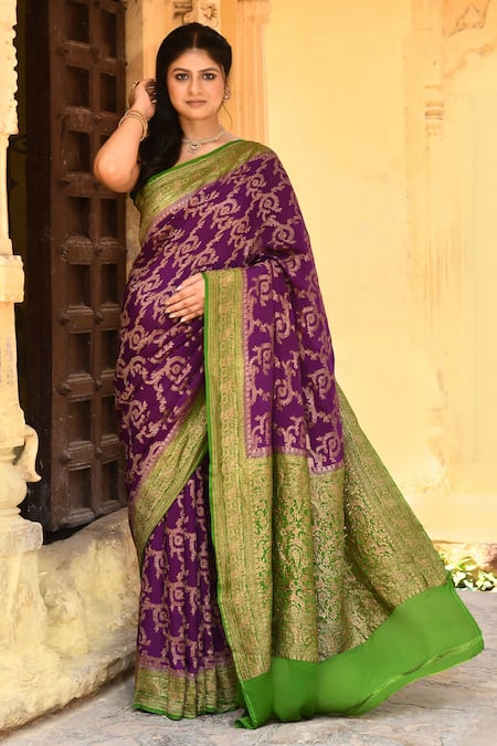 Naaritva India Handwoven Zari Purple Banarasi Saree With Running Blouse 