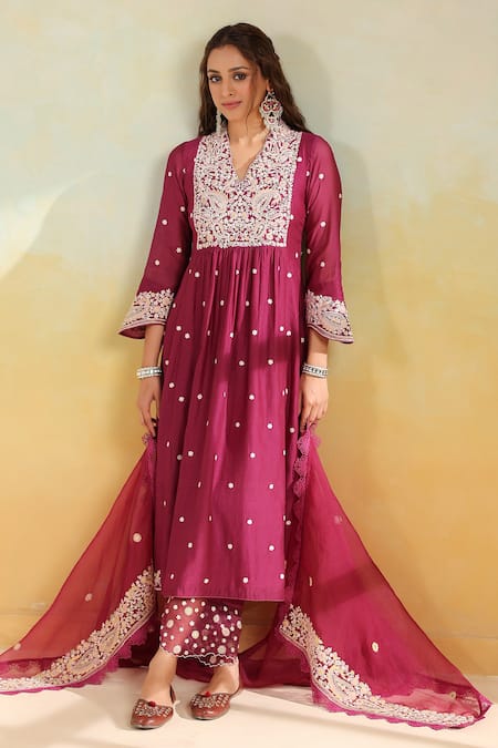 Label Niti Bothra Wine Silk Embroidery V-neck Dori Paisley Kurta Set 