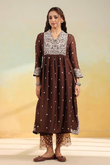 Buy_Label Niti Bothra_Brown Silk Embroidery V-neck, Collared Dori And Resham Frock Style Kurta Set _Online_at_Aza_Fashions