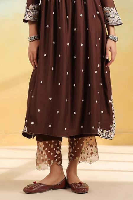 Buy_Label Niti Bothra_Brown Silk Embroidery V-neck, Collared Dori And Resham Frock Style Kurta Set 