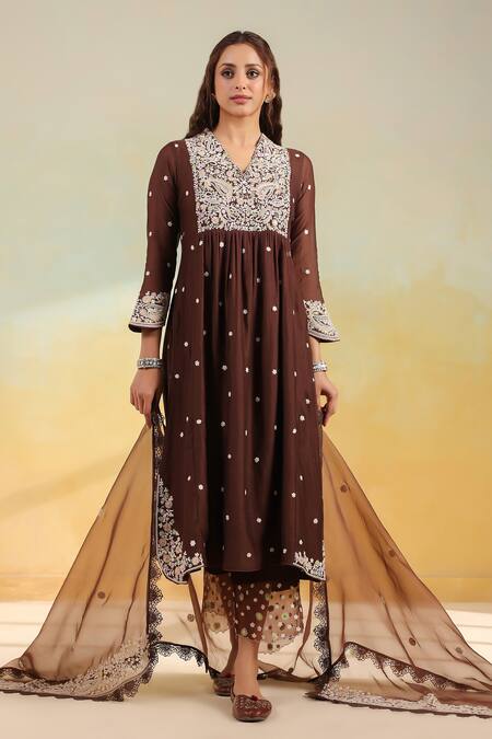 Shop_Label Niti Bothra_Brown Silk Embroidery V-neck, Collared Dori And Resham Frock Style Kurta Set 