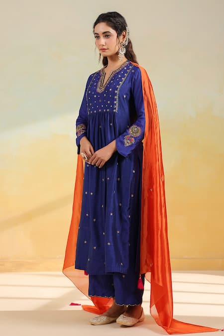 Shop_Label Niti Bothra_Blue Silk Embroidery, Zari Split V-neck Electric Zardozi Kurta Set _Online_at_Aza_Fashions