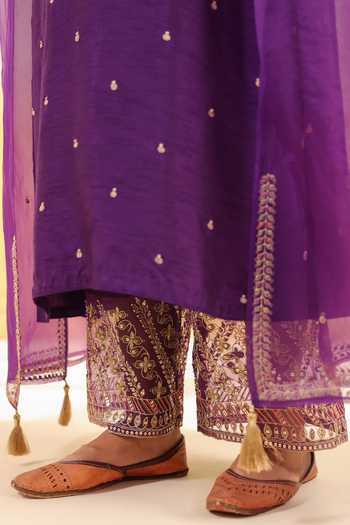 Label Niti Bothra_Purple Silk Embroidery, Tassels, Sequins Split V-neck Noor Farshi Kurta Set _Online_at_Aza_Fashions