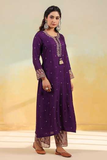 Shop_Label Niti Bothra_Purple Silk Embroidery, Tassels, Sequins Split V-neck Noor Farshi Kurta Set _Online_at_Aza_Fashions