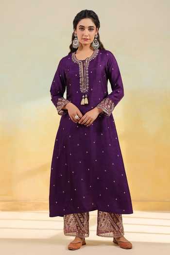 Label Niti Bothra_Purple Silk Embroidery, Tassels, Sequins Split V-neck Noor Farshi Kurta Set _at_Aza_Fashions