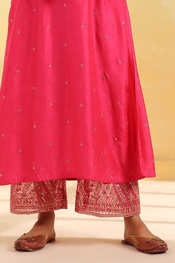 Buy_Label Niti Bothra_Pink Silk Embroidery, Metallic Thread, Sequins Round Neck, Noor Farshi Kurta Set _Online_at_Aza_Fashions