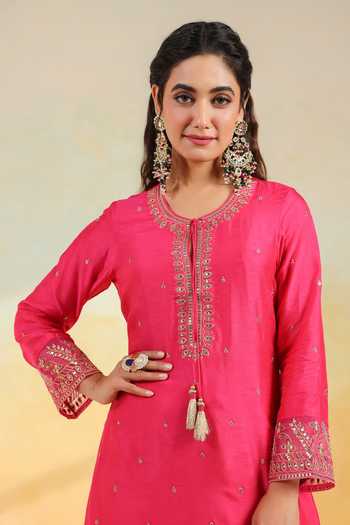 Shop_Label Niti Bothra_Pink Silk Embroidery, Metallic Thread, Sequins Round Neck, Noor Farshi Kurta Set _Online_at_Aza_Fashions