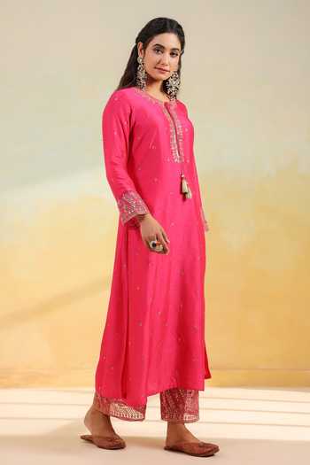 Label Niti Bothra_Pink Silk Embroidery, Metallic Thread, Sequins Round Neck, Noor Farshi Kurta Set _at_Aza_Fashions