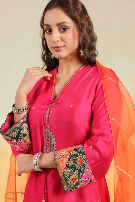 Label Niti Bothra_Pink Silk Embroidery Split V-neck Paisley Gota Patti Kurta Set _at_Aza_Fashions
