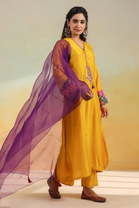 Shop_Label Niti Bothra_Yellow Silk Gota Patti, Embroidery, Sequins Split V-neck Paisley Kurta Set _Online_at_Aza_Fashions