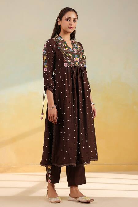 Label Niti Bothra_Brown Silk Applique, Embroidery, Fabric Flowers V-neck Orchid Kurta Set _Online_at_Aza_Fashions