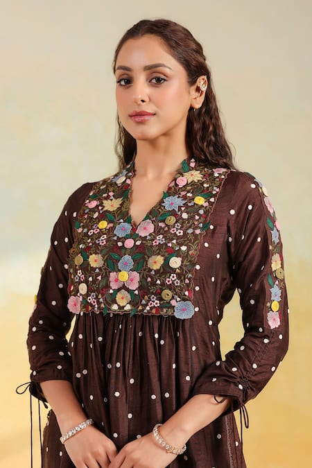 Shop_Label Niti Bothra_Brown Silk Applique, Embroidery, Fabric Flowers V-neck Orchid Kurta Set _Online_at_Aza_Fashions
