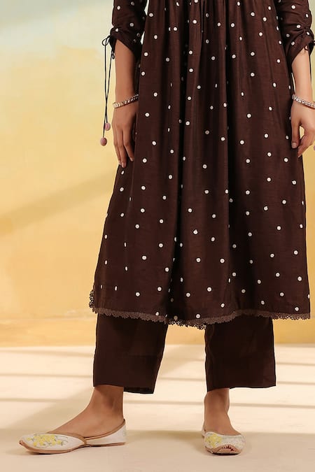 Label Niti Bothra_Brown Silk Applique, Embroidery, Fabric Flowers V-neck Orchid Kurta Set _at_Aza_Fashions