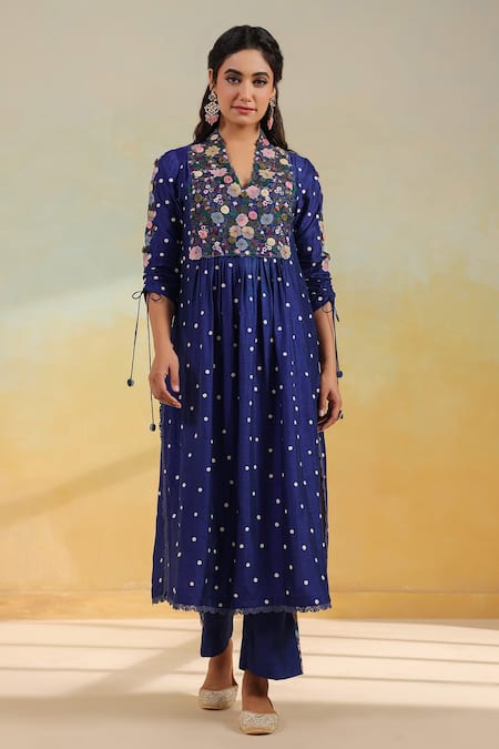 Buy_Label Niti Bothra_Blue Silk Applique, Embroidery, Tassels V-neck, Electric Floral Kurta Set _Online_at_Aza_Fashions