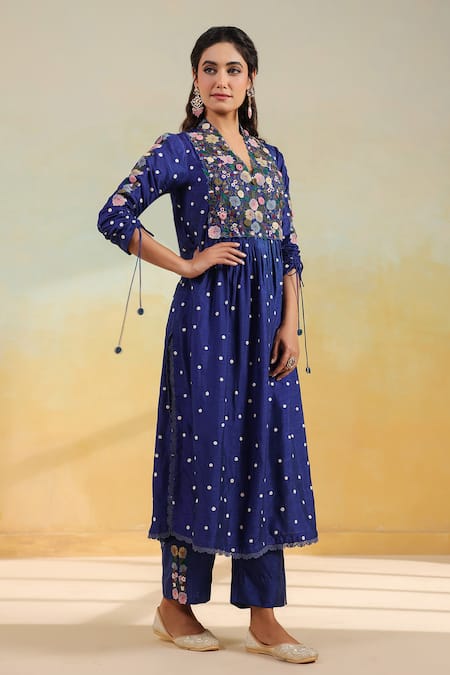 Shop_Label Niti Bothra_Blue Silk Applique, Embroidery, Tassels V-neck, Electric Floral Kurta Set _Online_at_Aza_Fashions