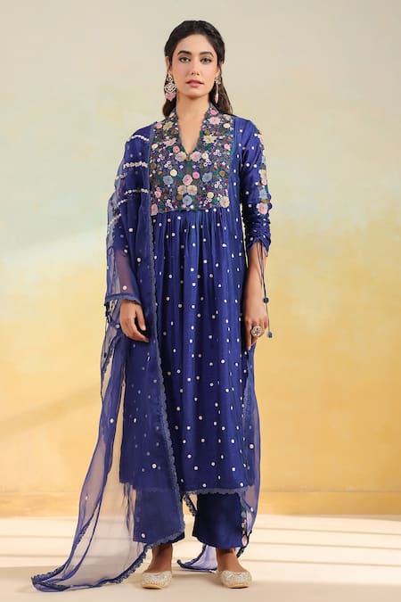 Label Niti Bothra Electric Blue Floral Applique Kurta Set 