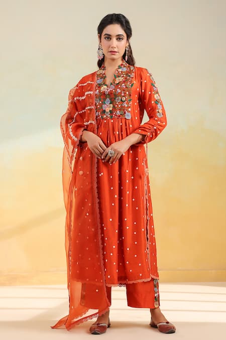 Label Niti Bothra Orange Floral Applique Kurta Set 