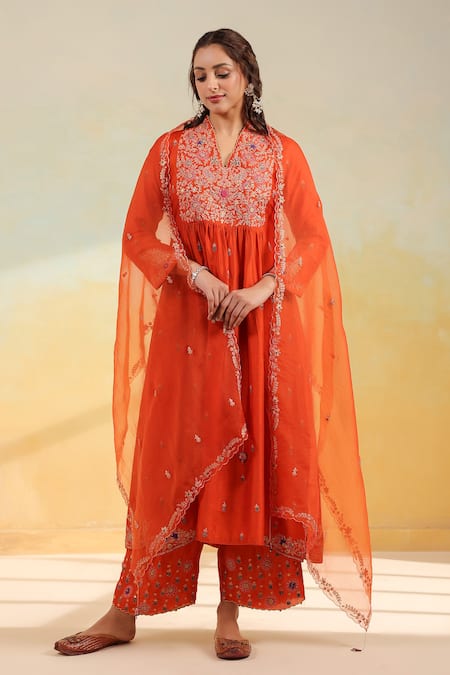 Label Niti Bothra Orange Kairi Buta Jaal Frockstyle Set 
