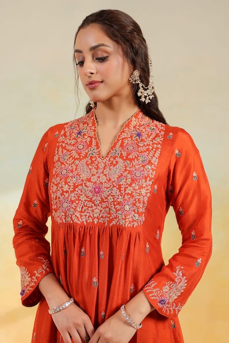Label Niti Bothra_Orange Silk, Organza Embroidery V-neck Kairi Buta Jaal Frockstyle Set _at_Aza_Fashions