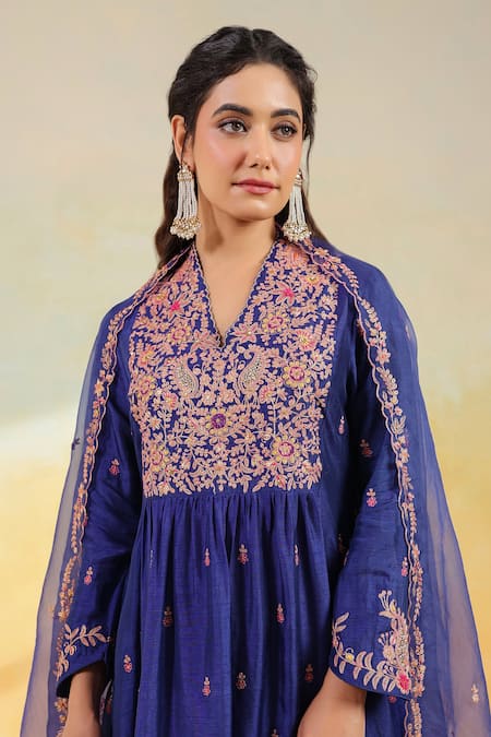 Shop_Label Niti Bothra_Blue Silk Embroidery, Sequins V-neck Electric Kairi Buta Jaal Set _Online_at_Aza_Fashions