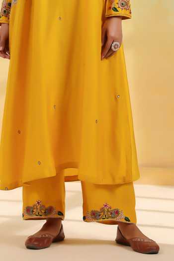 Label Niti Bothra_Mustard Silk Embroidery, Zari, Gota Patti Split Zardozi Paisley Pocket Set _Online_at_Aza_Fashions