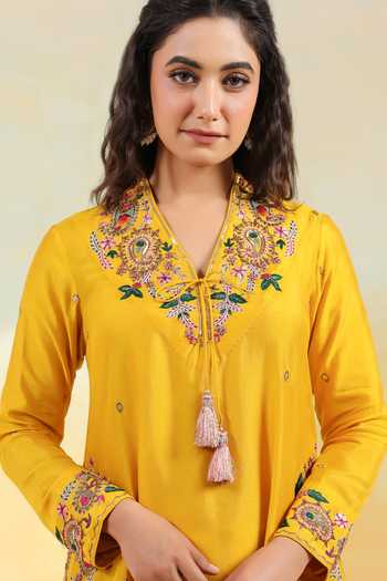 Label Niti Bothra_Mustard Silk Embroidery, Zari, Gota Patti Split Zardozi Paisley Pocket Set _at_Aza_Fashions