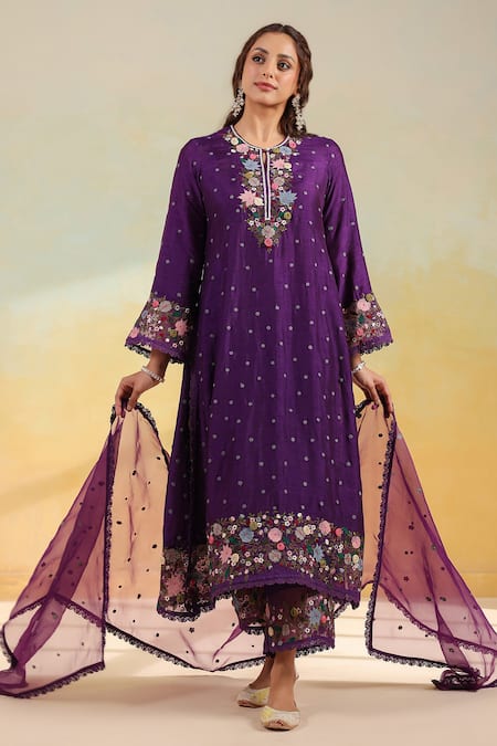 Label Niti Bothra Purple Floral Applique Kurta Set 