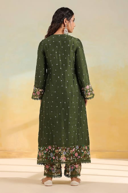 Shop_Label Niti Bothra_Olive Green Silk, Organza Applique, Embroidery Round Neck Floral Kurta Set _at_Aza_Fashions