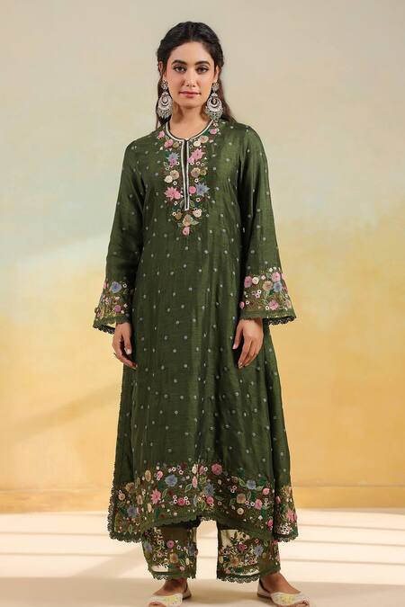 Buy_Label Niti Bothra_Olive Green Silk, Organza Applique, Embroidery Round Neck Floral Kurta Set _Online_at_Aza_Fashions