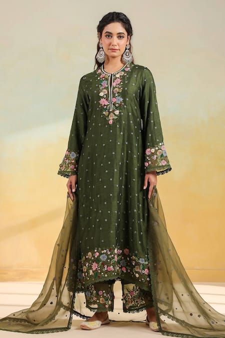 Label Niti Bothra Olive Green Silk, Organza Applique, Embroidery Round Neck Floral Kurta Set 
