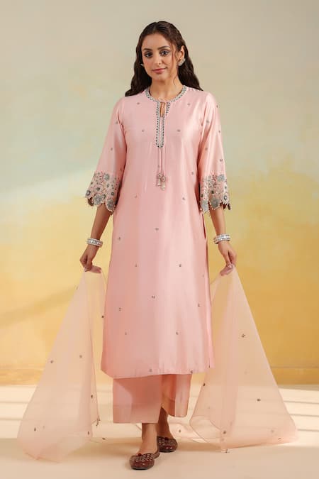 Buy Pink Silk, Organza Embroidery Round Neck Light Rose Cut