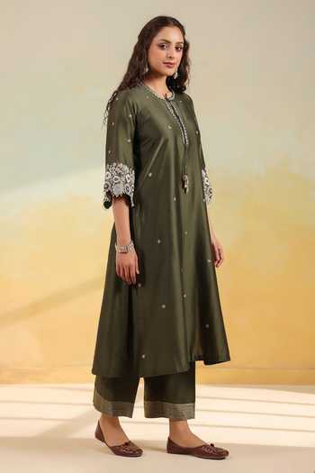 Label Niti Bothra_Green Silk Embroidery, Pearls, Cut Work Round Neck, Split Olive Kurta Set _Online_at_Aza_Fashions