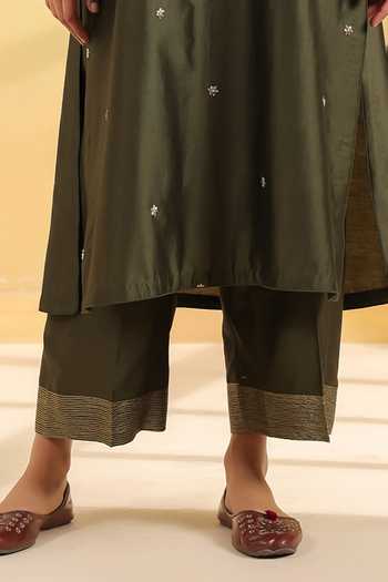 Buy_Label Niti Bothra_Green Silk Embroidery, Pearls, Cut Work Round Neck, Split Olive Kurta Set _Online_at_Aza_Fashions