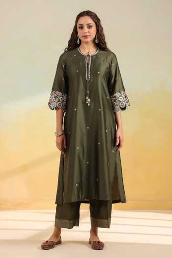 Shop_Label Niti Bothra_Green Silk Embroidery, Pearls, Cut Work Round Neck, Split Olive Kurta Set _Online_at_Aza_Fashions