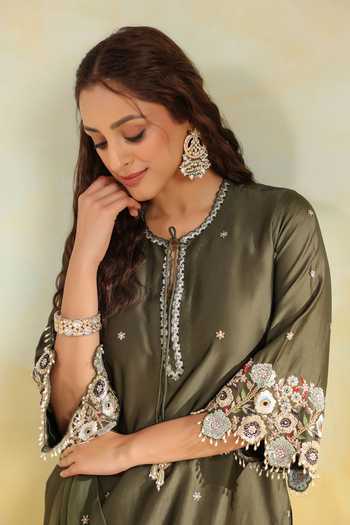 Label Niti Bothra_Green Silk Embroidery, Pearls, Cut Work Round Neck, Split Olive Kurta Set _at_Aza_Fashions