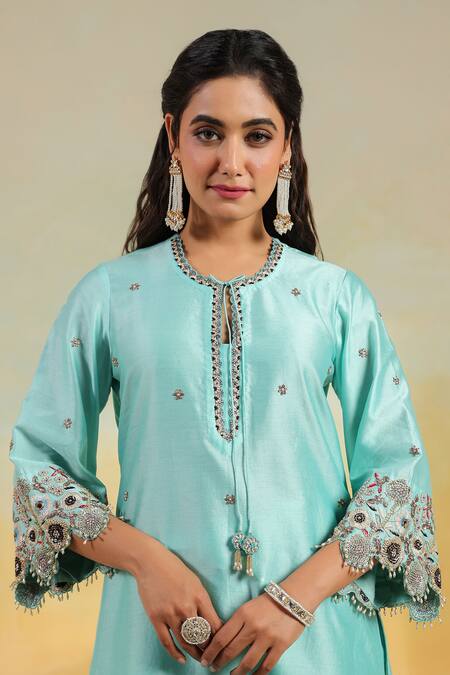 Label Niti Bothra_Blue Silk, Organza Embroidery Round Neck Light Rose Cut Scallop Kurta Set _Online_at_Aza_Fashions