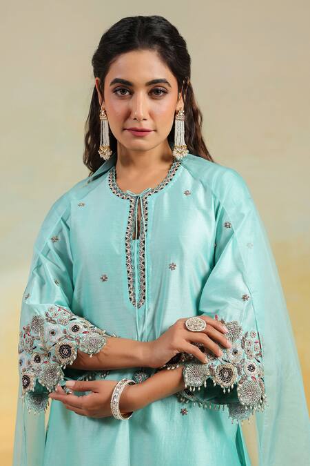 Buy_Label Niti Bothra_Blue Silk, Organza Embroidery Round Neck Light Rose Cut Scallop Kurta Set _Online_at_Aza_Fashions