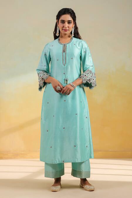 Shop_Label Niti Bothra_Blue Silk, Organza Embroidery Round Neck Light Rose Cut Scallop Kurta Set _Online_at_Aza_Fashions