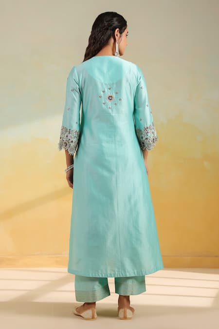 Label Niti Bothra Light Blue Rose Cut Scallop Kurta Set 