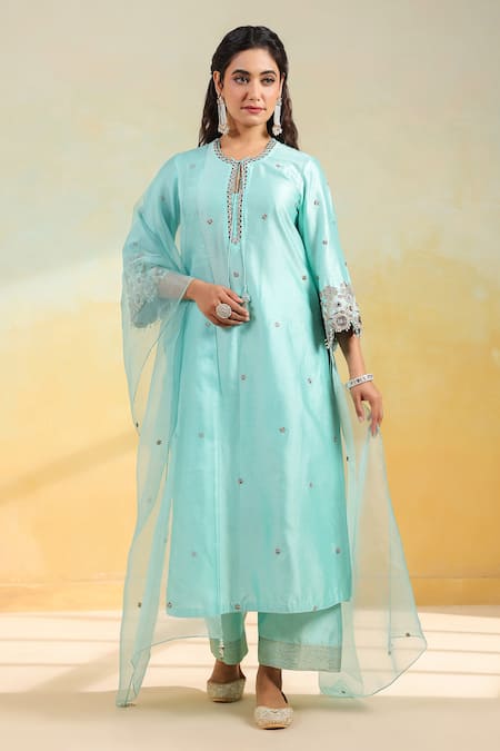 Label Niti Bothra Light Blue Rose Cut Scallop Kurta Set 