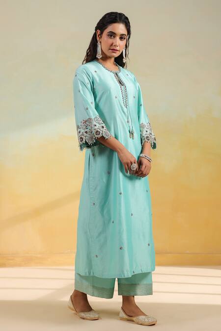 Label Niti Bothra_Blue Silk, Organza Embroidery Round Neck Light Rose Cut Scallop Kurta Set _at_Aza_Fashions